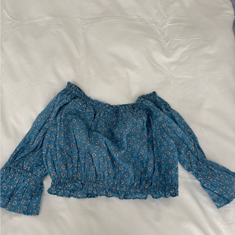 LoveShackFancy Blue Floral Off-Shoulder Crop Top